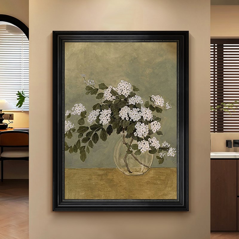 中古风静物花卉客厅装饰画摆件花瓶复古手绘油画入户玄关餐厅挂画图片