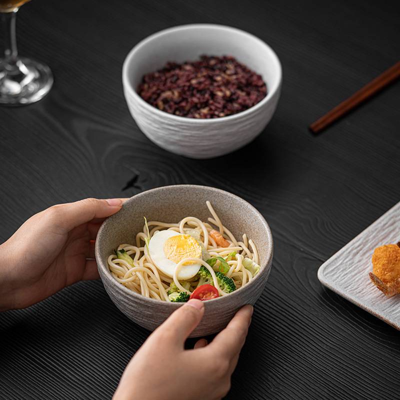 日式粗陶餐碗家用可微波烤箱米饭碗简约汤碗大面碗石纹磨砂餐具