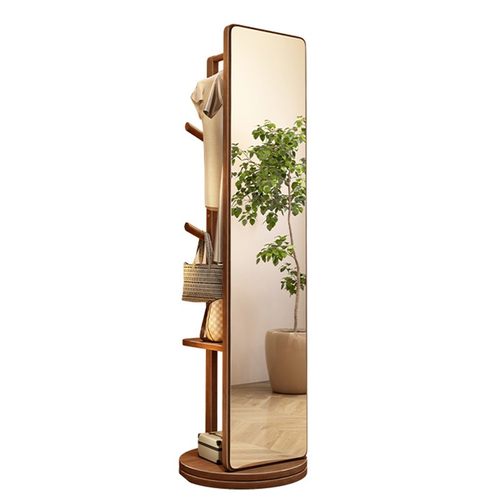 实木可旋转全身镜落地镜家用卧室移动试衣镜子带挂衣架一体穿衣镜