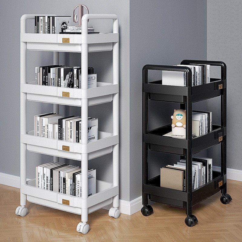 置物架多层收纳架书架落地家用简易带轮收纳阅读移动小推车书柜子