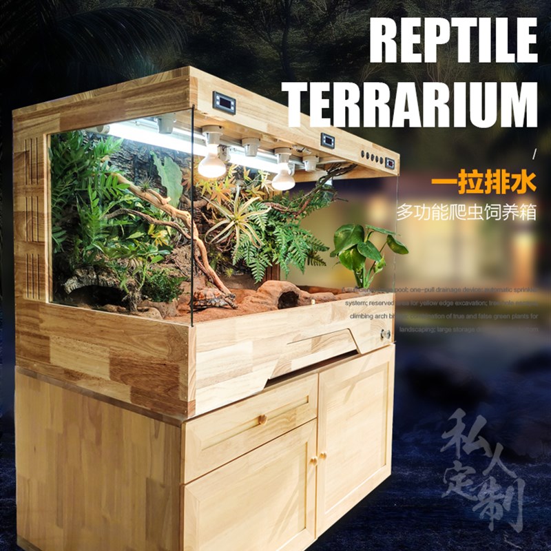 黄缘龟陆龟半水龟造景乌龟缸橡木实木智能排水景观饲养箱可定制