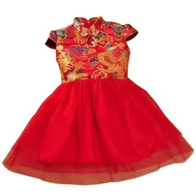 中国红范风儿童旗袍演出服女童古筝表演公主裙红色唐装夏装背心裙
