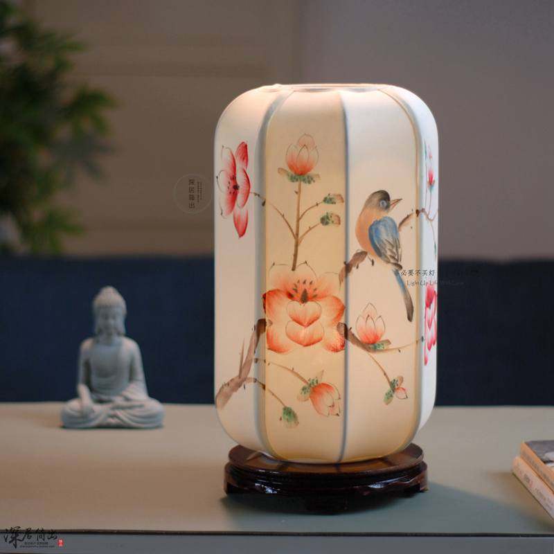 新中式手绘花鸟台灯古风卧室装饰真丝布艺床头氛围灯小夜灯可充电