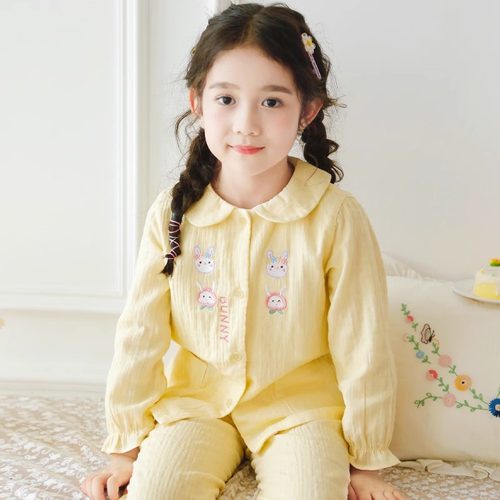 春秋可爱娃娃领全棉双层纱布儿童女童睡衣长袖纯棉春夏女孩家居服
