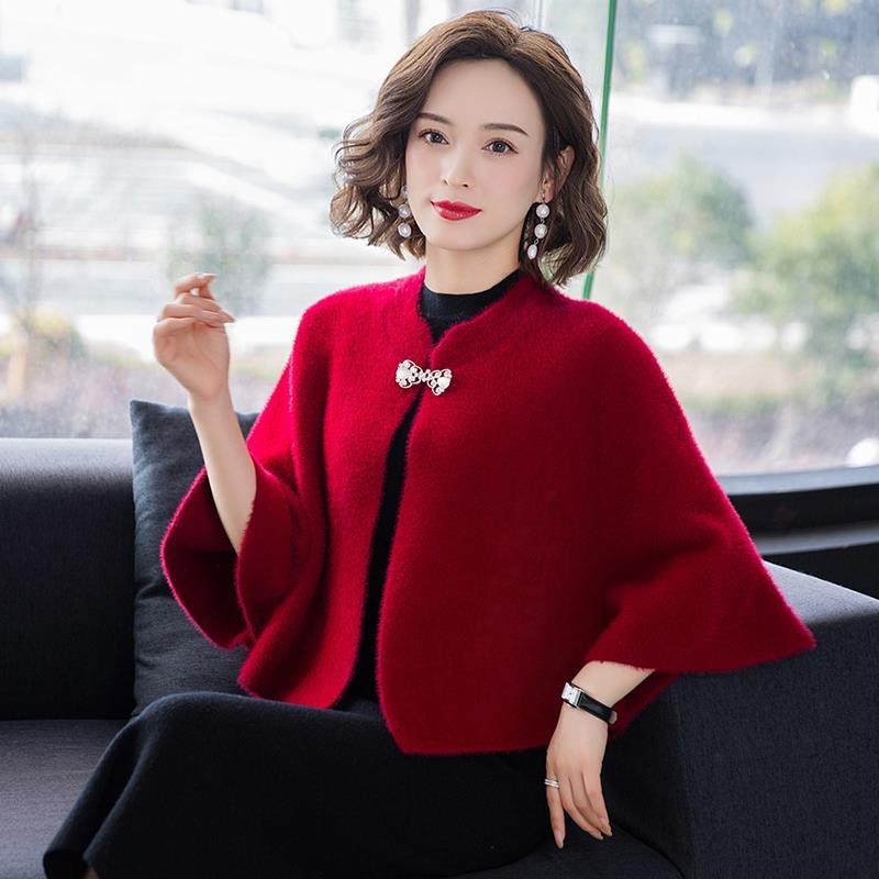 秋冬配旗袍披肩外搭女立领短款外套红色妈妈貂绒斗篷结婚礼服优雅