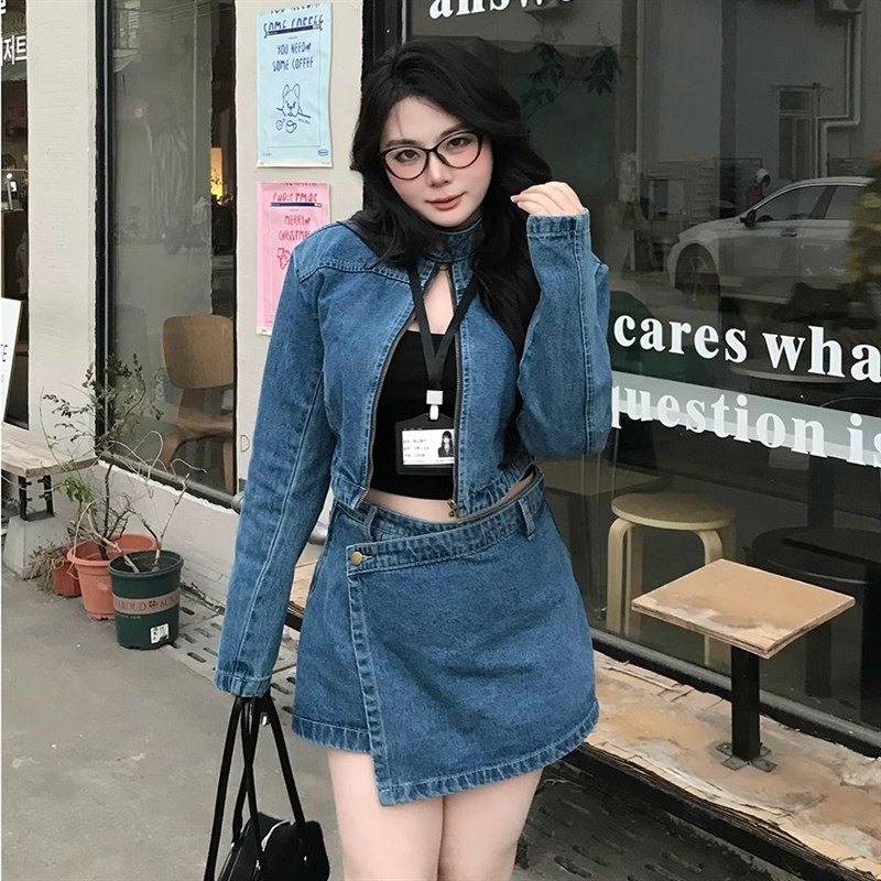 大小姐微胖大码圣日耳曼复古蓝色牛仔外套牛仔半裙套装两件套