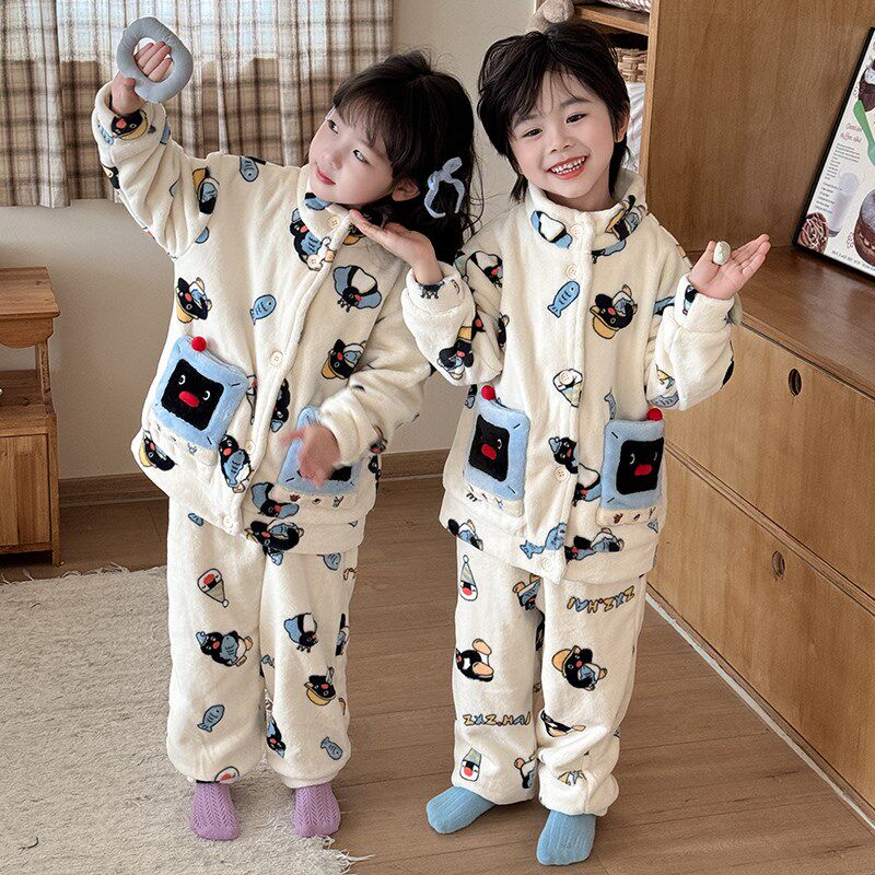 侘町2024年新款渔夫pingu儿童秋冬法兰绒睡衣男女童中大童家居服