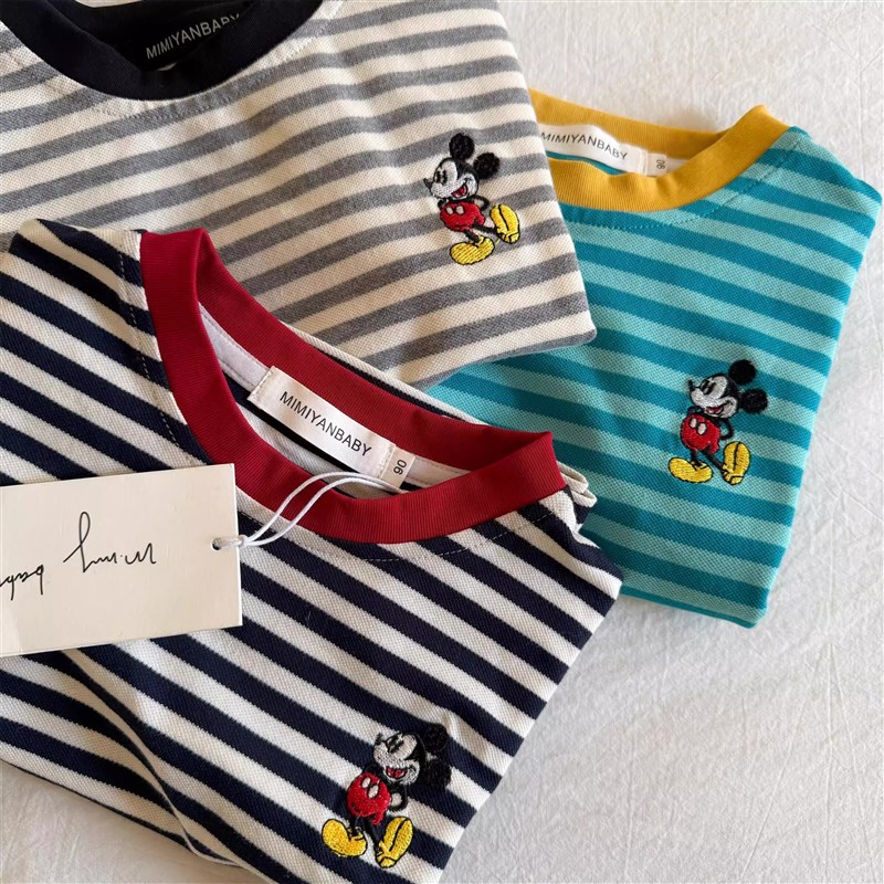 儿童条纹T恤薄款男2025夏季新款小童卡通短袖T宝宝纯棉上衣女薄款