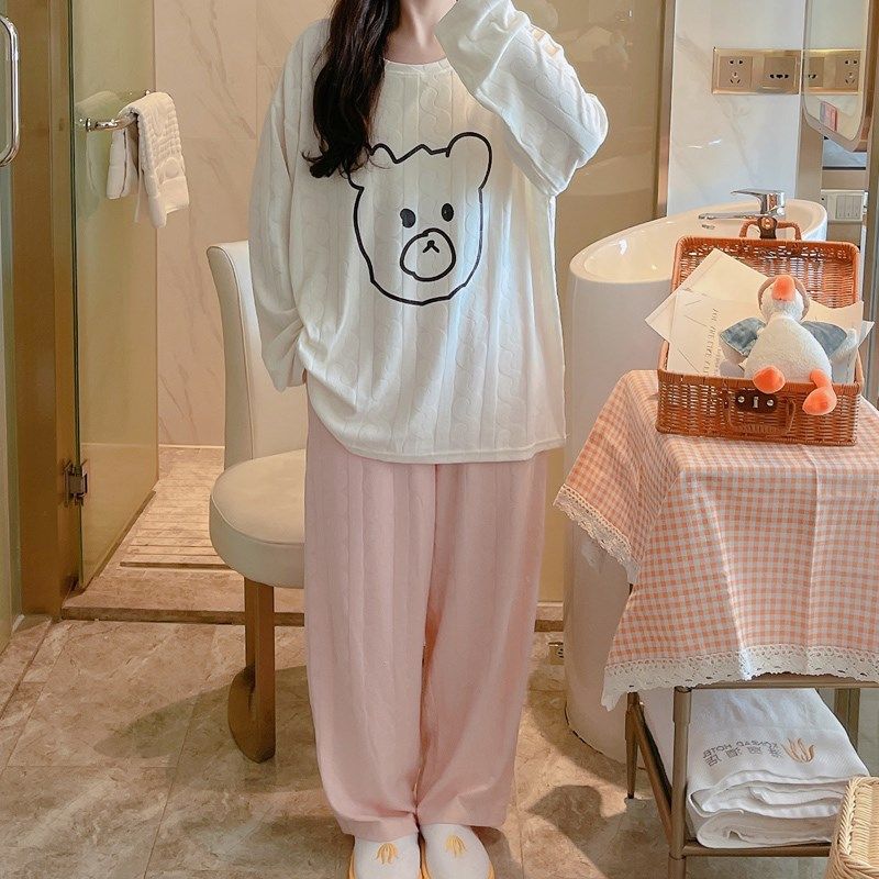 秋季睡衣女长袖T恤宽松套装网红提花加大码胖mm200斤纯棉家居服男