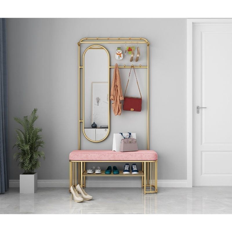 换鞋凳挂衣架落地立式鞋柜衣帽架带镜子家用进门穿鞋架可坐软包凳
