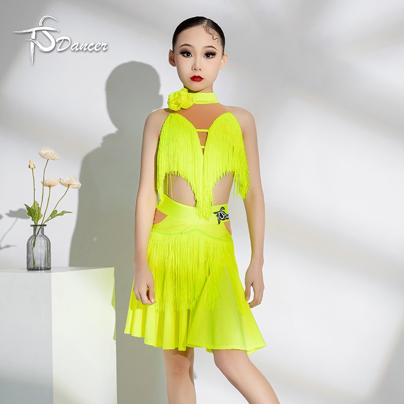新款高端荧光黄流苏拉丁舞服分体比赛表演出服装专业舞蹈花服solo