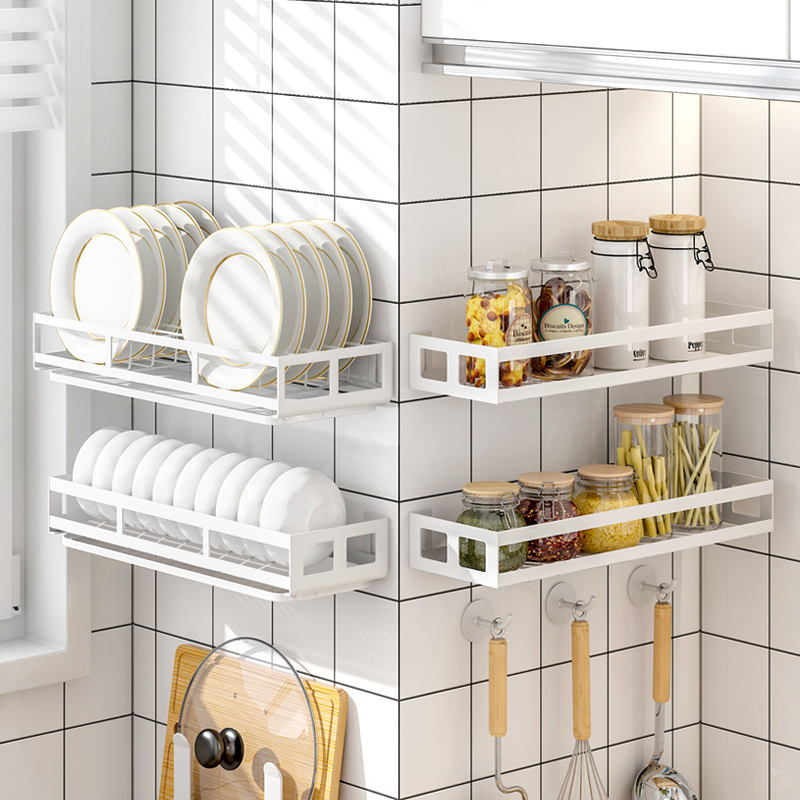 免打孔不锈钢沥水架白色墙上放调味料收纳置物架壁挂式厨房碗碟架