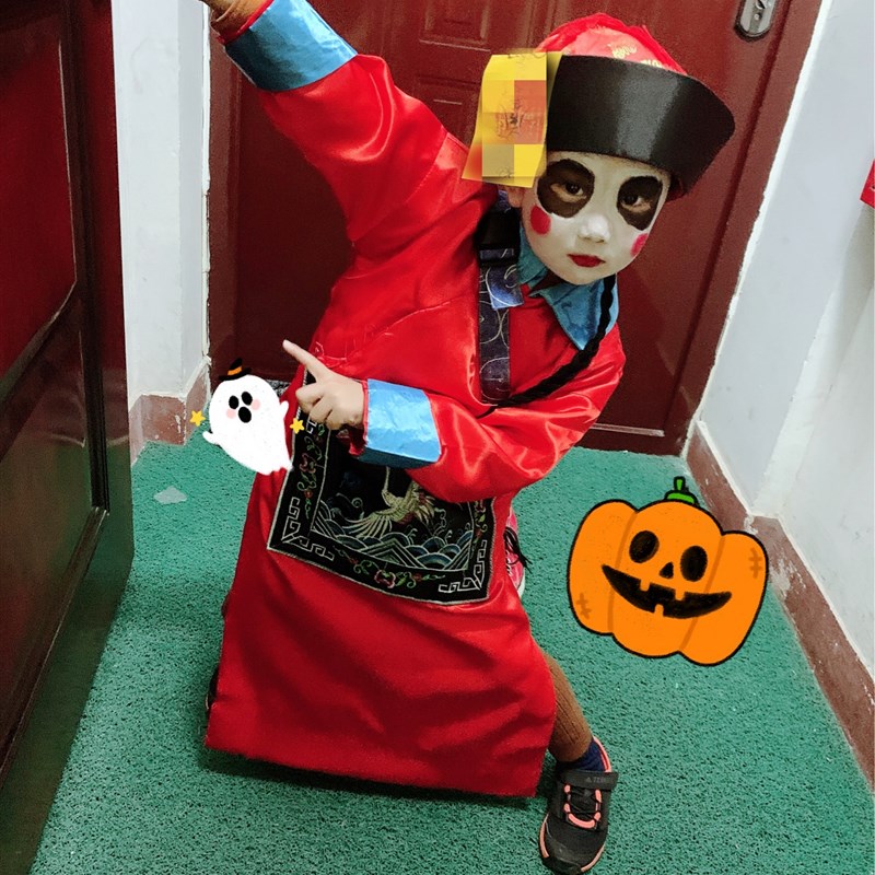 万圣节儿童僵尸服装萌娃恐怖红色演出服cos幼儿园古装化妆清朝官
