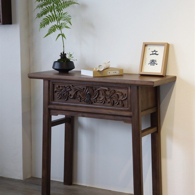 墨兰雕花实木平头案中式禅意玄关案黑胡桃长条桌供桌书房文人家俱