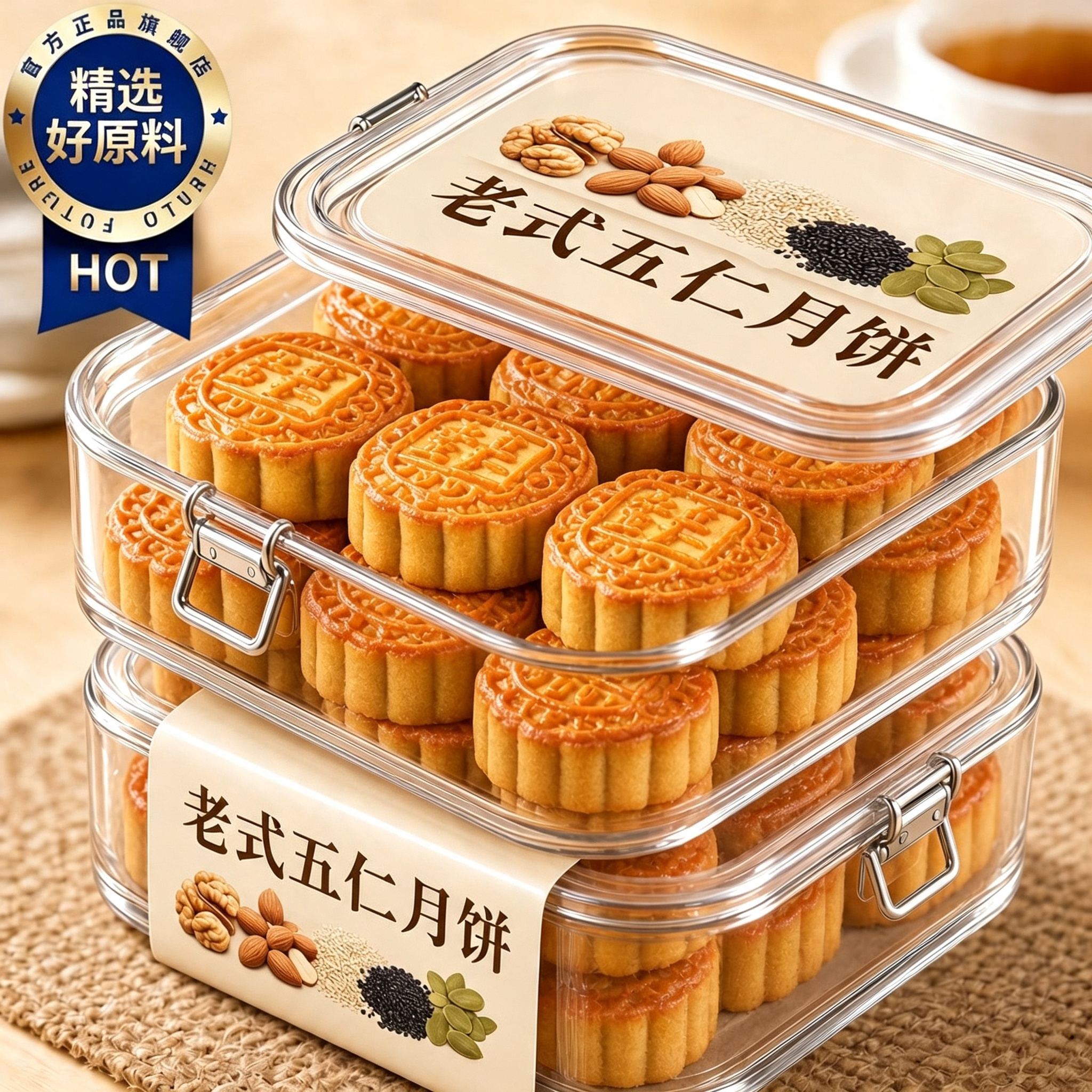 正宗老式五仁月饼传统广式中秋月饼木糖醇礼盒传统手工官方旗舰店