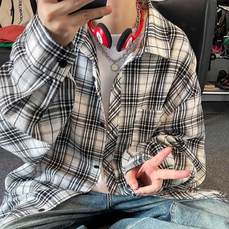 黑白格子长袖衬衫男春季s潮牌美式复古宽松高级感衬衣情侣休闲外