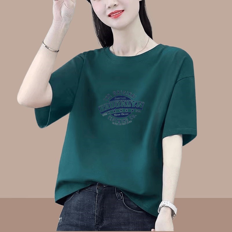 正肩纯棉短袖t恤女2024新款大码女装宽松M休闲圆领半袖打底衫上衣