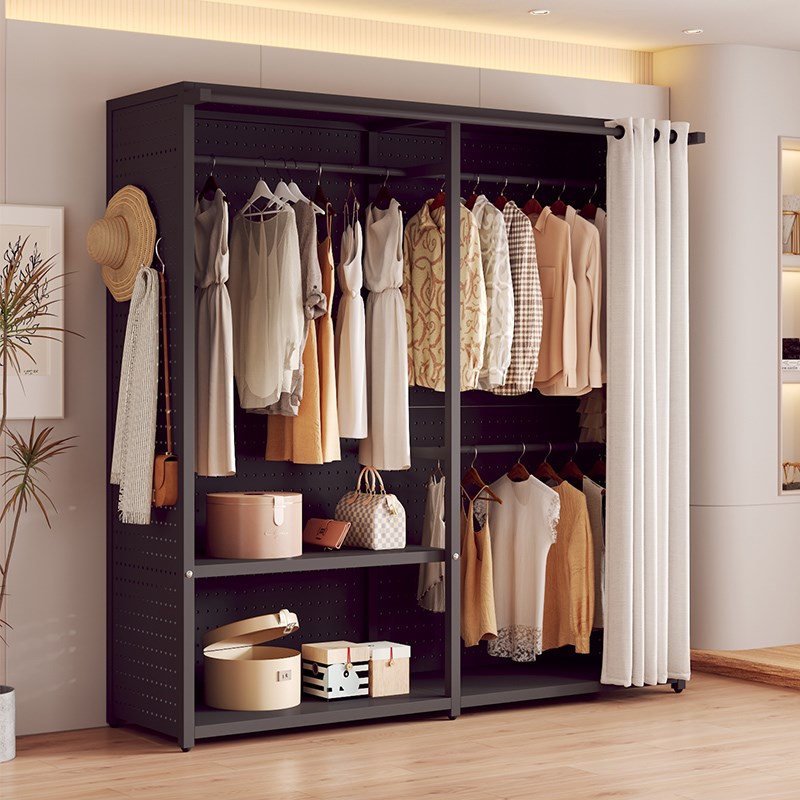 洞洞板衣柜家用小户型金属挂衣架开放式防尘帘衣帽间架子落地柜子