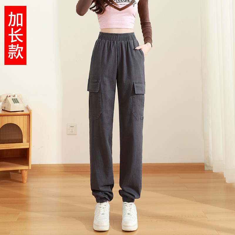 加长裤子女175高个子高腰宽松直筒束脚工L装裤灰色纯棉休闲裤超长