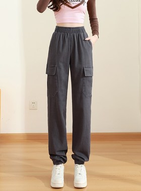 加长裤子女175高个子高腰宽松直筒束脚工L装裤灰色纯棉休闲裤超长