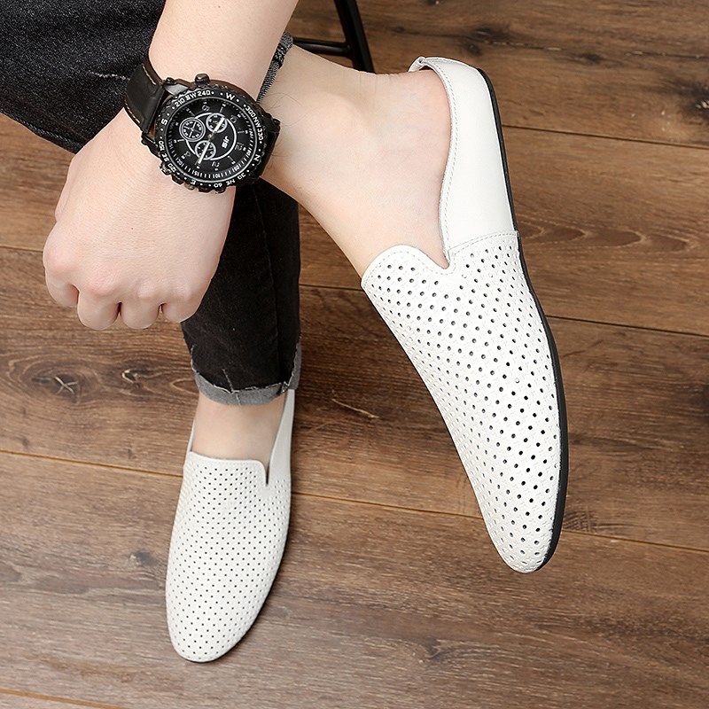 夏季豆豆鞋男真皮一脚蹬懒人鞋软牛皮半拖鞋包头镂空皮鞋潮流透气,流行男鞋,包头拖,淘宝优惠券,粉丝福利购,淘宝优惠卷