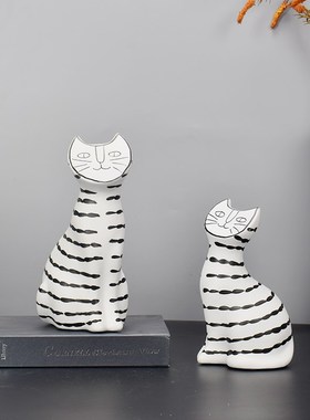 黑白条纹猫树h脂小猫简约现代样板间电视柜置物架动物雕塑软装饰