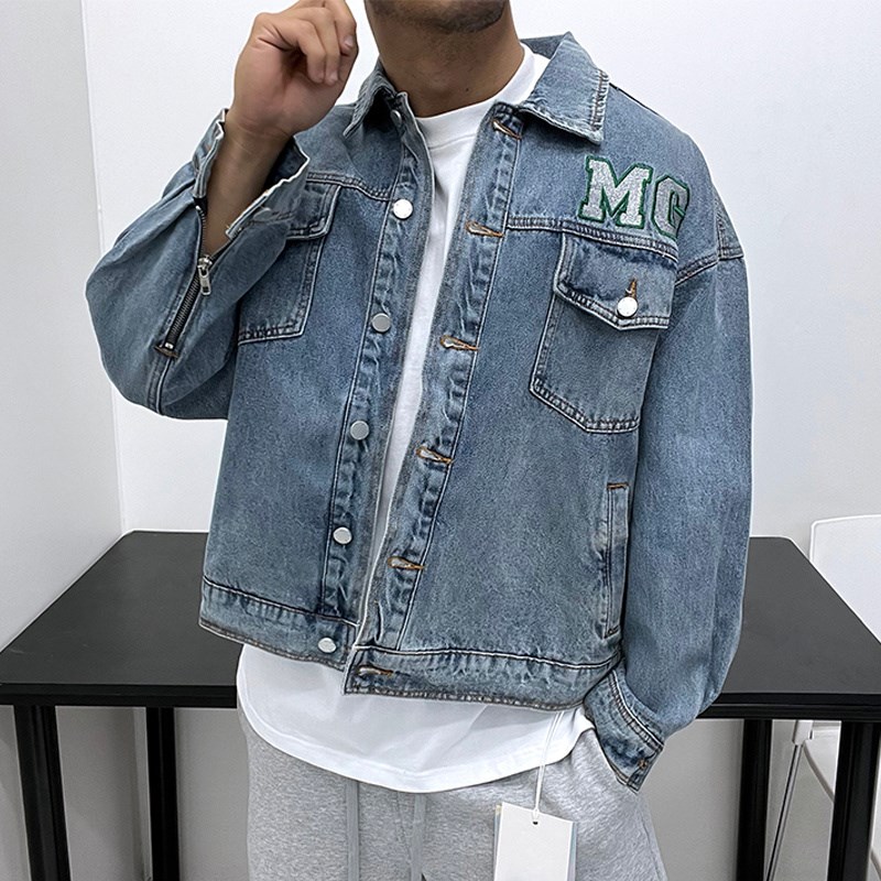 刺绣微廓形!牛仔衣外套男水洗复古做旧工装夹P克潮男短款牛仔服男