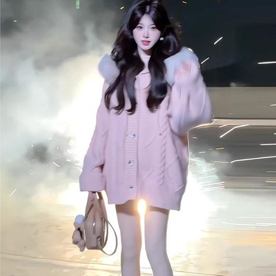 秋冬连帽带毛领麻k花毛衣外套女宽松慵懒风外搭针织开衫上衣中长