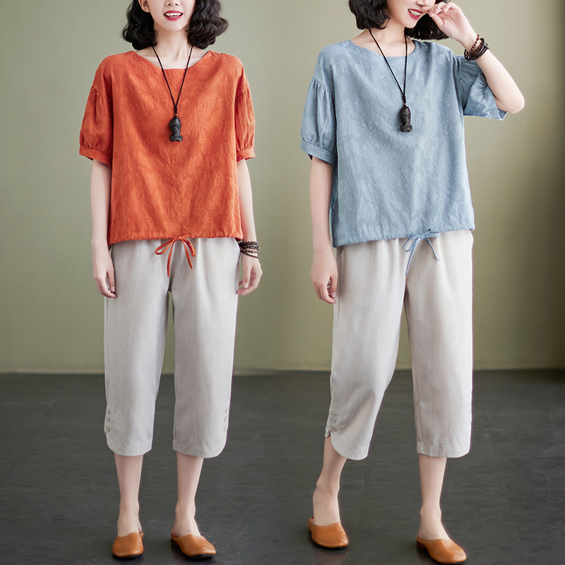 中老年棉麻套装夏装新p款洋气宽松亚麻短袖t恤苎麻上衣妈妈两件套