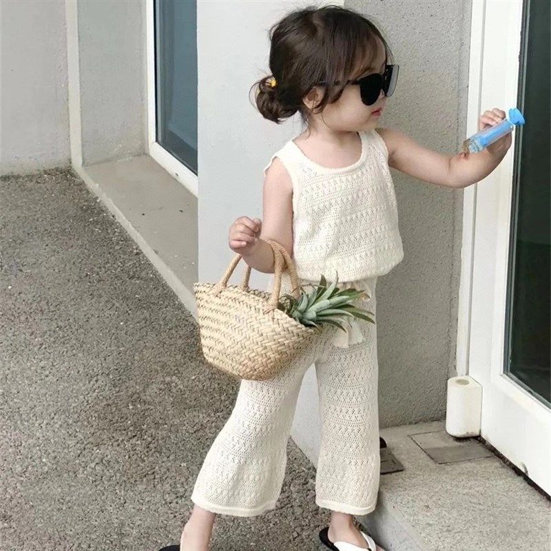 女童背心套装夏2023镂空上衣喇叭裤2件套儿童针织冰丝无袖T恤长裤,童装/婴儿装/亲子装,T恤,淘宝优惠券,粉丝福利购,淘宝优惠卷