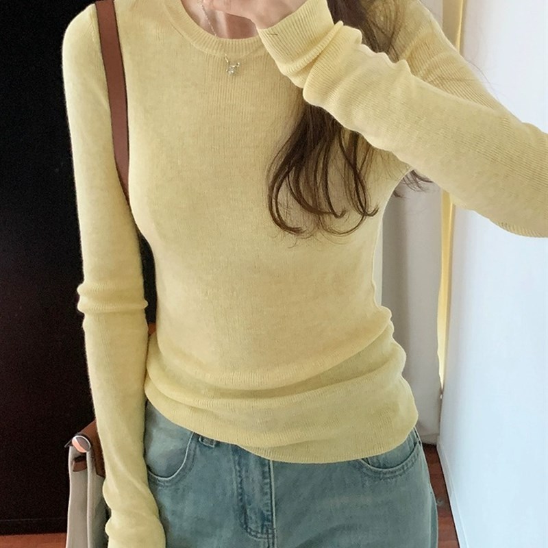薄款软糯圆领针织衫上衣s女春秋季修身长袖甜美显瘦打底衫内搭毛