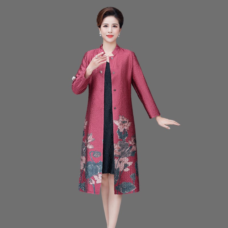 2021春季g新款真丝褶皱长袖中老年妈妈女装风衣中长款民族风外套