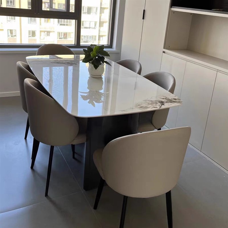 轻奢岩板餐桌椅组合依诺岩板D字型不锈钢脚架意式亮光高端简约风