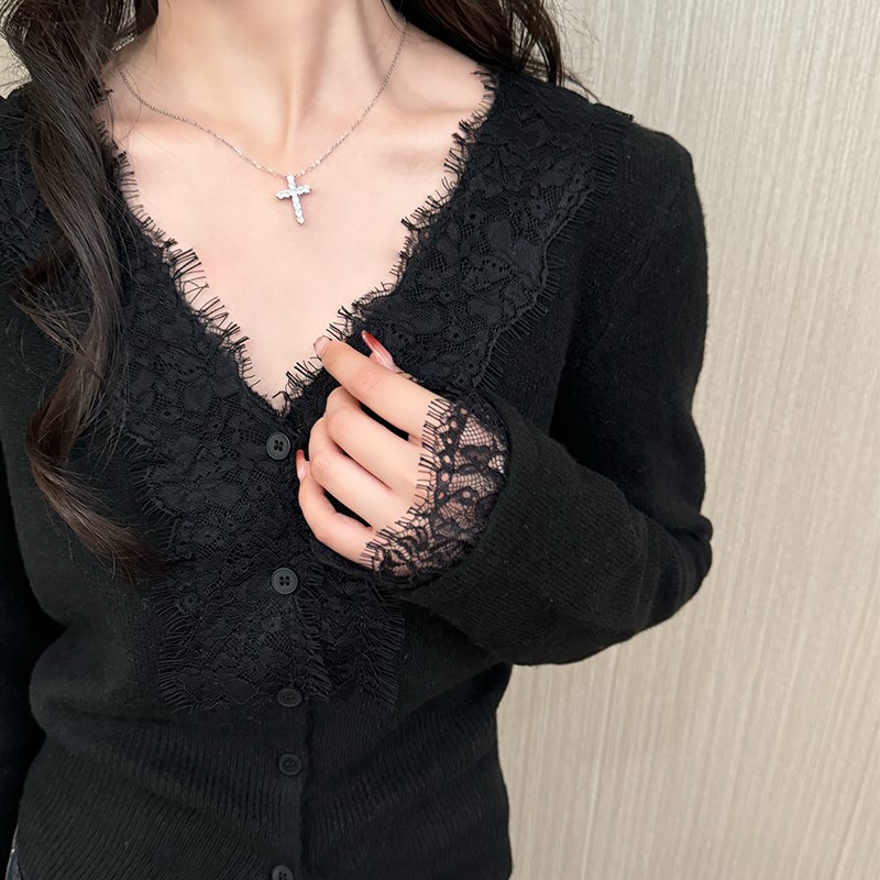 黑色蕾丝拼接v领针织开衫外套z女外穿秋冬毛衣加厚内搭打底衫上衣
