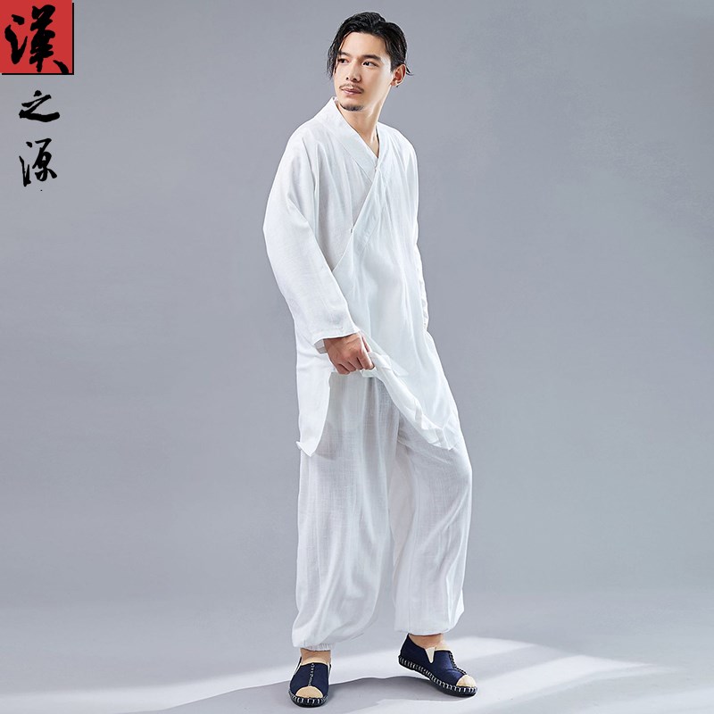 中国风太极服男棉麻布料宽松武术表演练功服斜襟禅修汉Z服茶服套