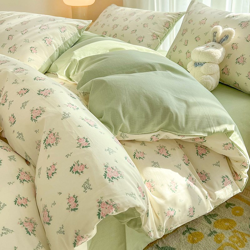 绿色花卉纯棉床上三四件套小清新高档100全棉床品被套床单床笠款