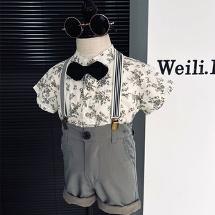 英伦风套装 夏季 男童复古港L风花衬衫 新款 花童 男宝宝周岁抓周礼服