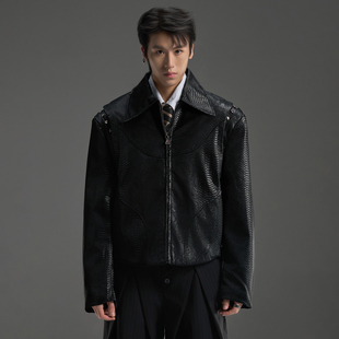 GALAXOR银河预报 解构立体鳄鱼纹垫肩拼接夹克铆钉PU皮衣外套男女