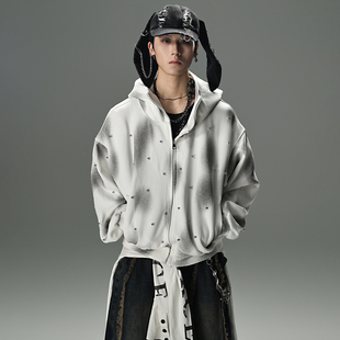 GALAXOR银河预报 重工铆钉拉链卫衣喷绘连帽垫肩开衫情侣上衣外套
