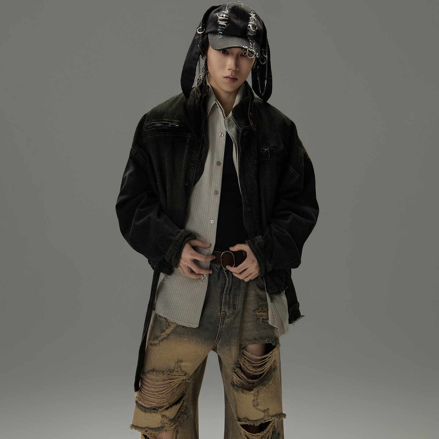 GALAXOR 美式复古水洗牛仔外套做旧飘带立领设计宽松夹克上衣男女,男装,牛仔外套,淘宝优惠券,粉丝福利购,淘宝优惠卷