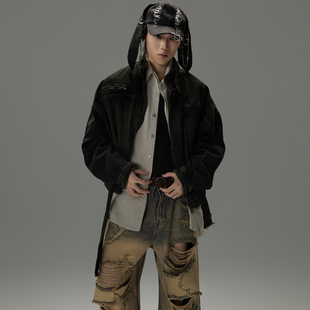 GALAXOR 美式复古水洗牛仔外套做旧飘带立领设计宽松夹克上衣男女