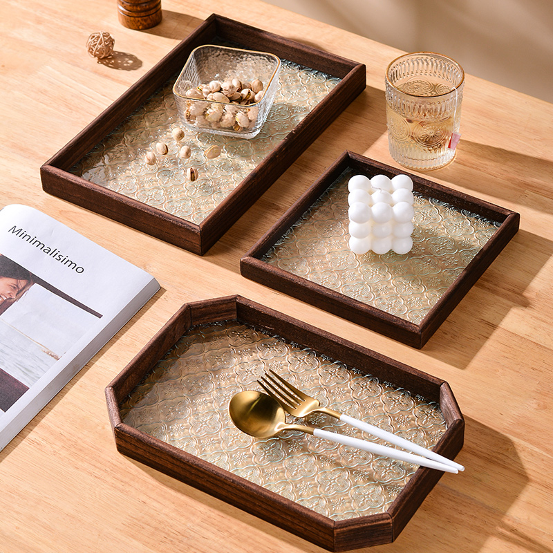 棠压花玻璃托盘覆古长方形茶盘收纳摆件茶水杯子点心水果盘