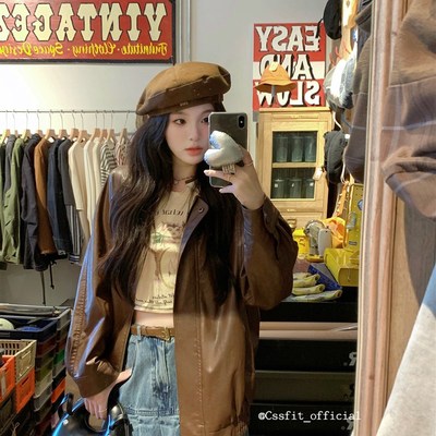 迟伞伞  霓雾机车少女 经典版型常春藤皮衣外套女夹克上衣