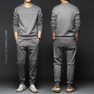一套搭配帅气卫裤 秋 秋季 圆领厚棉T套装 新款 长裤 2023男装 男士 男装