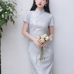 复古民国风蓝色素雅印花旗袍2024夏季新款改良年轻款少女