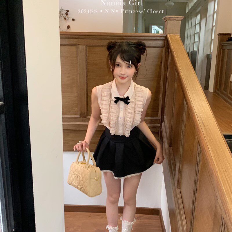甜水仙 莓莓千金 千金套装花边无袖背心高腰蓬蓬裙纱质花边两件套