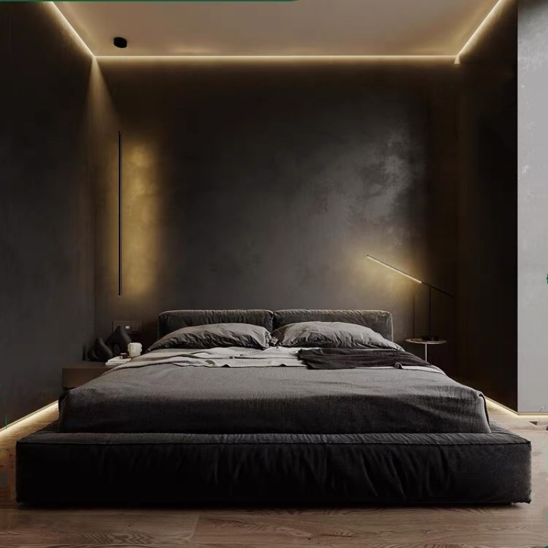 意式简豆腐块布艺床科技绒现代卧端大气软包民宿床