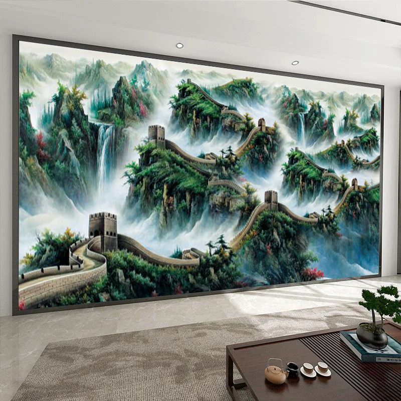 d中式墙布万里长城客厅沙发墙壁画办公室壁布山水电视背景墙壁纸