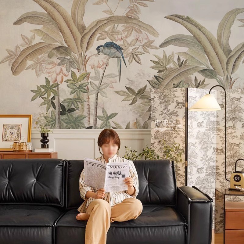 欧法式油画宫廷热带雨林卧室沙发电视背景墙布壁纸复中古玄关定制
