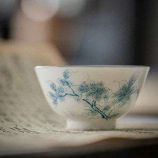手工玉瓷主人杯青花釉下彩手绘陶瓷个人家用N单杯萍踪雅歌书怀茶